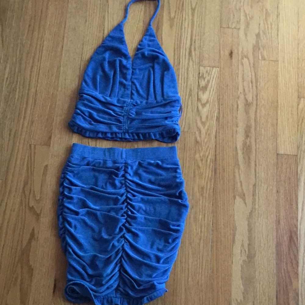 Blue Ruched Halter Top and Skirt Set
